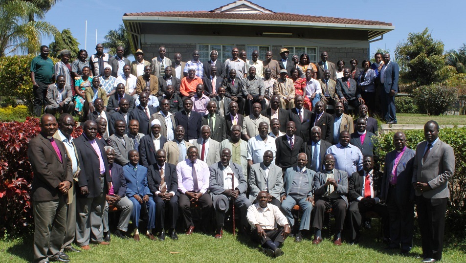 NCCK General Secretary Rev. Canon Peter Karanja with his deputy Dr. Nelson Makanda pose for a group photo with the Luhya Council of Elders and senior clergy after the 2-day meeting in Kakamega county